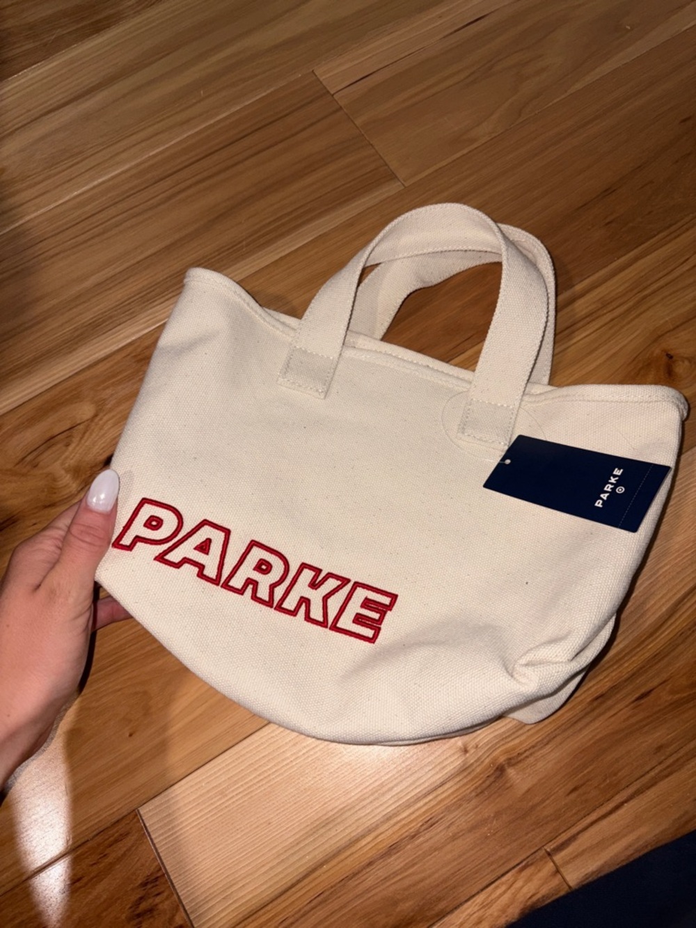 PARKE Cream Canvas Tote with Red Logo